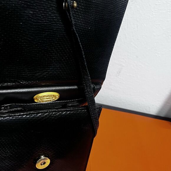 Clara Studio for Asymmetry Vtg Black Lizard Embossed Leather Bag 24K Gold Handle - Picture 14 of 16